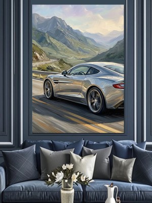 Artmeg Dağ Manzarasında Ilerleyen Gümüş Araba Dekoratif Kanvas - Mdf Ahşap Tablo