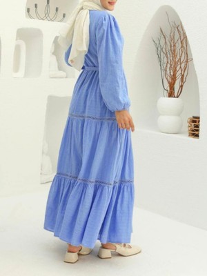 Modamorfo Eteği Fırfırlı Dantel Şerit Detaylı Elbise -Mavi