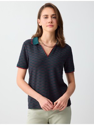 Jimmy Key Koyu Yeşil Kısa Kollu Polo Yaka Desenli Örme Bluz