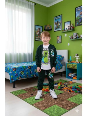Alyakids Erkek Çocuk 3\'lü Takım Uzun Kollu Sweatshirt Baskılı Fermuarlı Hırka Beli Lastikli Penye Pantolon