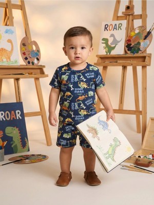 Alyakids Erkek Çocuk Dinozor Desenli Şortlu Takım - Pamuklu Yazlık Alt Üst Bebek Seti