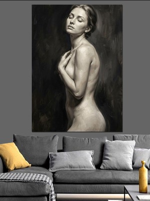 Artmeg Çıplak Kadın Vücudu Sanatsal Siyah Beyaz Dekoratif Kanvas - Mdf Ahşap Tablo