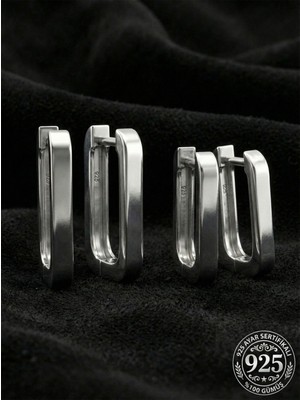 Roza Silver 925 Ayar Gümüş Rodyum Kaplama Dikdörtgen Huggie Halka Küpe Seti 2'li Çift - (Orta-Küçük 3mm En)
