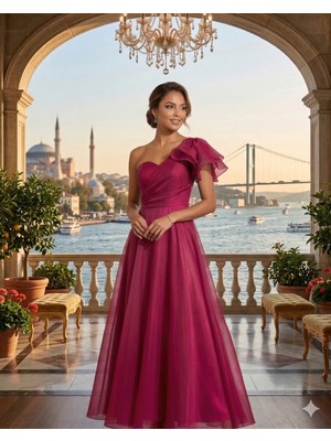 Prline Tek Omuzlu Drapeli Gezer Organze Uzun Elbise