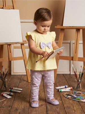 Alyakids Kız Bebek Puantiyeli Taytlı Takım - Fiyonk Detaylı Fırfır Kollu 2\'li Bebek Seti