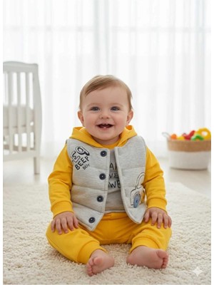 Alyakids Erkek Bebek Sarı Kapüşonlu Yelekli 3\'lü Takım - Pamuklu Beep Baskılı Alt Üst Takım