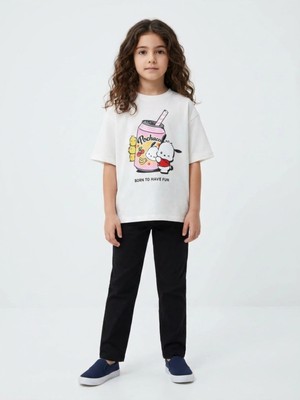 Alyakids Kız Çocuk Pochacco Baskılı Kısa Kollu Bisiklet Yaka Tişört Pamuklu