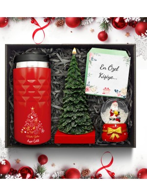 As Gift Yılbaşı Temalı Kişiye Özel Kırmızı Termos & Çam Ağacı Mum & Kar Küresi Hediye Seti