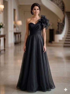 Prline Tek Omuzlu Drapeli Gezer Organze Uzun Elbise