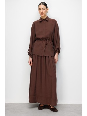 Mizalle Mizallle Kahverengi  Beli Büzgülü Viskoz Tunik