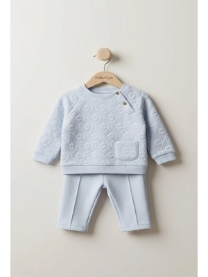 Alyakids Erkek Bebek Gri Baklava Desenli 2\'li Takım Kendinden Dokulu Sweatshirt ve Pantolon Set