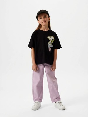 Alyakids Kız Çocuk Snopy Karakter Desenli %100 Pamuklu Oversize Siyah Tişört