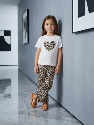 Alyakids Kız Çocuk Leopar Desenli Kalp Detaylı Pamuklu Takım