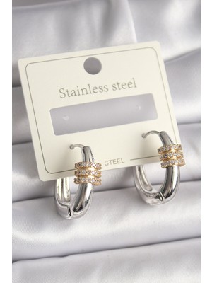 Evyora 316L Çelik Gümüş Renk Halka Zirkon Gold Zirkon Taşlı Kadın Küpe