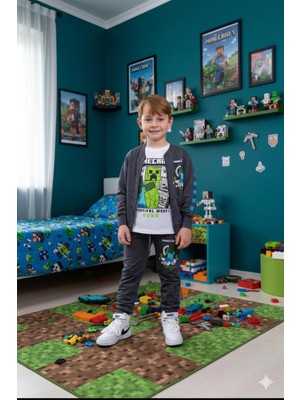 Alyakids Erkek Çocuk 3\'lü Takım Uzun Kollu Sweatshirt Baskılı Fermuarlı Hırka Beli Lastikli Penye Pantolon