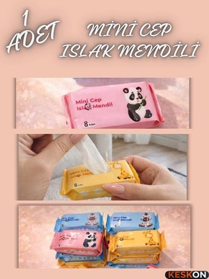 Keskon 8 Adet ( içi 8'li ) Taşınabilir Çanta Tipi Mini Islak Mendil | Cep Boy Hijyen Mendili