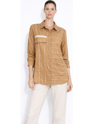 Mizalle Ince Çizgili Camel Cepli Tunik Gömlek