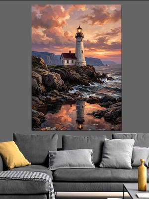 Artmeg Gün Batımında Deniz Kenarı Deniz Feneri Dekoratif Kanvas - Mdf Ahşap Tablo