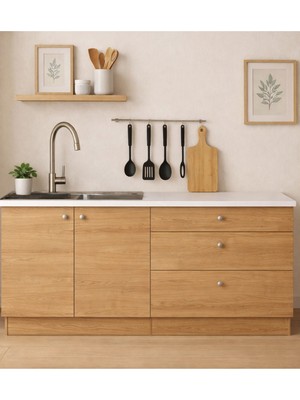 T Designo Barkın Alt Modül-Çok Amaçlı Dolap -160 cm -2 Kapaklı-3 Çekmeceli-Laminat Beyaz Tezgah Dahil