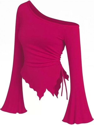 Marsilyan Kadın Fuşya Uzun Ispanyol Kollu Asimetirik Yaka Yandan Bağlamalı Drapeli Bluz