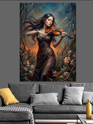 Artmeg Karanlık Ormanda Keman Çalan Kadın Dekoratif Kanvas - Mdf Ahşap Tablo