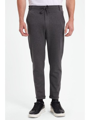 Tudors Erkek Slim Fit Pamuklu Beli Bağlamalı Yan Cepli Katlamalı Paça Jogger Gri Pantolon