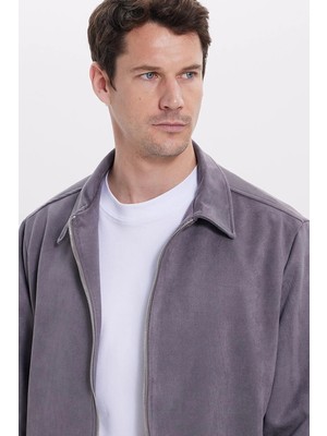 Tudors Erkek Relax Fit Rahat Kesim Süet Fermuarlı Astarlı Cepli Gri Kolej Ceket Mont