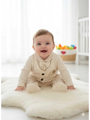 Alyakids Erkek Bebek Papyonlu Yelekli 3\'lü Takım - Fil Nakışlı Mevsimlik Bebek Takımı