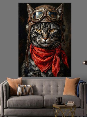 Artmeg Pilot Gözlüklü ve Kasklı Kedi Dekoratif Kanvas - Mdf Ahşap Tablo