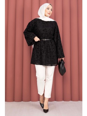 SVS Flok Baskı Balon Kol Kemerli Tunik Siyah