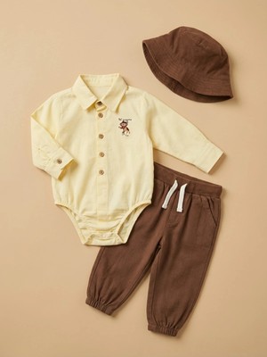 Alyakids Erkek Bebek Maymun Nakışlı 3\'lü Kombin Takım Çizgili Gömlek Pantolon ve Şapka