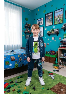 Alyakids Erkek Çocuk 3\'lü Takım Uzun Kollu Sweatshirt Baskılı Fermuarlı Hırka Beli Lastikli Penye Pantolon