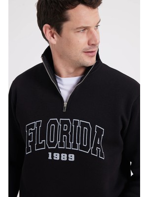 Tudors Erkek Relax Fit Rahat Kesim Pamuklu Yarım Fermuarlı Baskılı Siyah Sweatshirt