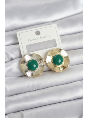 Evyora Vintage Model Yeşil Gold Renk Pirinç Kadın Küpe