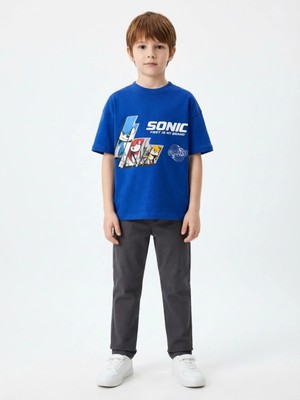 Alyakids Erkek Çocuk Lacivert Sonic The Hedgehog & Shadow Baskılı %100 Pamuk T-Shirt