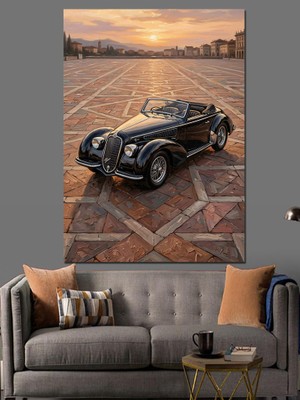 Artmeg Meydanda Duran Klasik Siyah Araba Dekoratif Kanvas - Mdf Ahşap Tablo