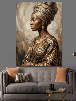 Artmeg Altın Elbiseli Geleneksel Afrikalı Kadın Dekoratif Kanvas - Mdf Ahşap Tablo