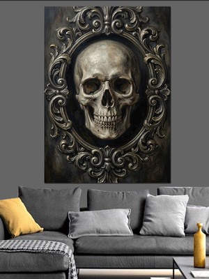 Artmeg Işlemeli Çerçeve Içinde Sanatsal Kurukafa Dekoratif Kanvas - Mdf Ahşap Tablo