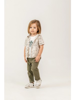 Bontino Erkek Çocuk Yaprak Desenli Gömlekli 3’lü Takım - %100 Pamuk Tişörtlü & Likralı Pantolon + Çorap Hediyeli