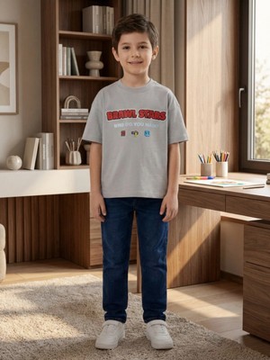 Alyakids Erkek Çocuk Brawls Star Karakter Desenli %100 Pamuklu Oversize Gri Tişört