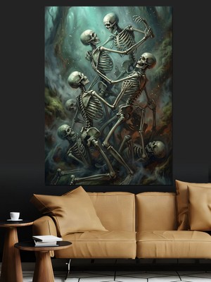 Artmeg Dans Eden Iskeletler Sanatsal Çizim Dekoratif Kanvas - Mdf Ahşap Tablo