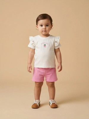 Alyakids Kız Çocuk %100 Pamuklu Desenli Çocuk Takım - Rahat Kesim Yazlık Penye Şort T-Shirt Seti