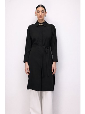 Mizalle Tencel Karışımlı Uzun Siyah Tunik