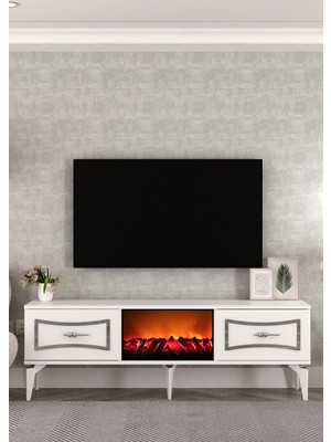 Cantek Dizayn TV0064-0064-TXA150-32 Şömineli Tv Sehpası Beyaz-Gümüş