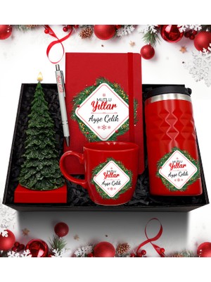 As Gift Yılbaşı Temalı Kişiye Özel Kırmızı Termos & Defter & Kupa & Mini Çam Ağacı & Kalem Hediye Seti