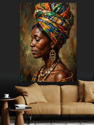 Artmeg Renkli Türbanlı Afrikalı Kadın Portresi Dekoratif Kanvas - Mdf Ahşap Tablo