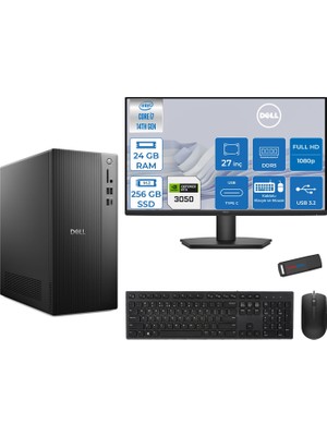 Dell Tower ECT1250 Intel® Core™ İ7-14700 24GB Ddr5 256GB SSD 6GB/RTX3050 Freedos +27" Monitör Tower Masaüstü Bilgisayar 27RPLSR00723F06+ZETTAUSBBELLEK