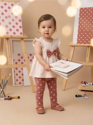 Alyakids Kız Bebek Puantiyeli Taytlı Takım - Fiyonk Detaylı Fırfır Kollu 2\'li Bebek Seti