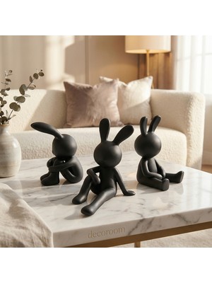 3'lü Set Mat Siyah Tavşan Figürlü Dekoratif Modern Biblo Seti Salon Konsol Objesi