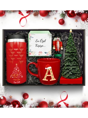 As Gift Yılbaşı Temalı Kişiye Özel Kırmızı Termos & Kupa & Çam Ağacı Mum & Mini Fındıkkıran Figürü Hediye Seti